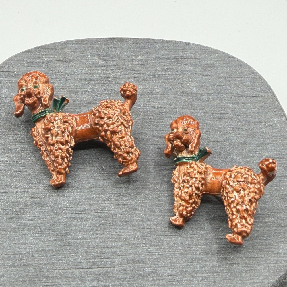 Vintage Pair Enamel Poodle Dog Brooch Pins Brown Green Figural Costume Jewelry
